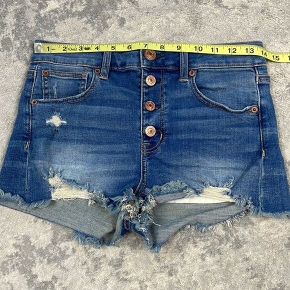 American Eagle Hi Rise Shortie Shorts Denim Jean Button Fly Distressed Cut Off 4 - Picture 5 of 12
